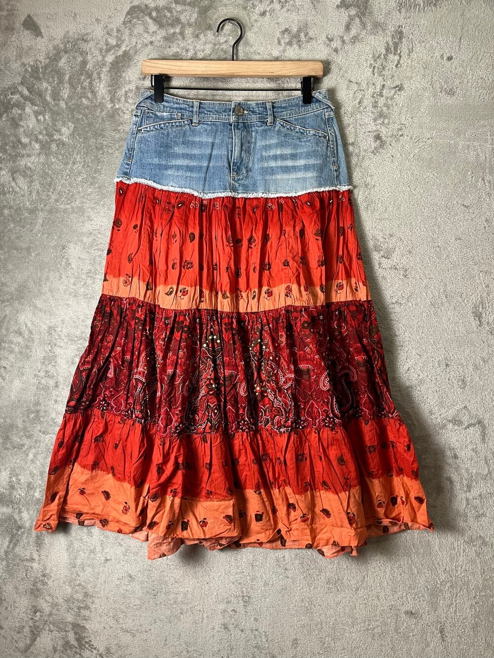 Vintage Boho Denim Patchwork Tiered Maxi Skirt Festival Western Hippie Y2K 8